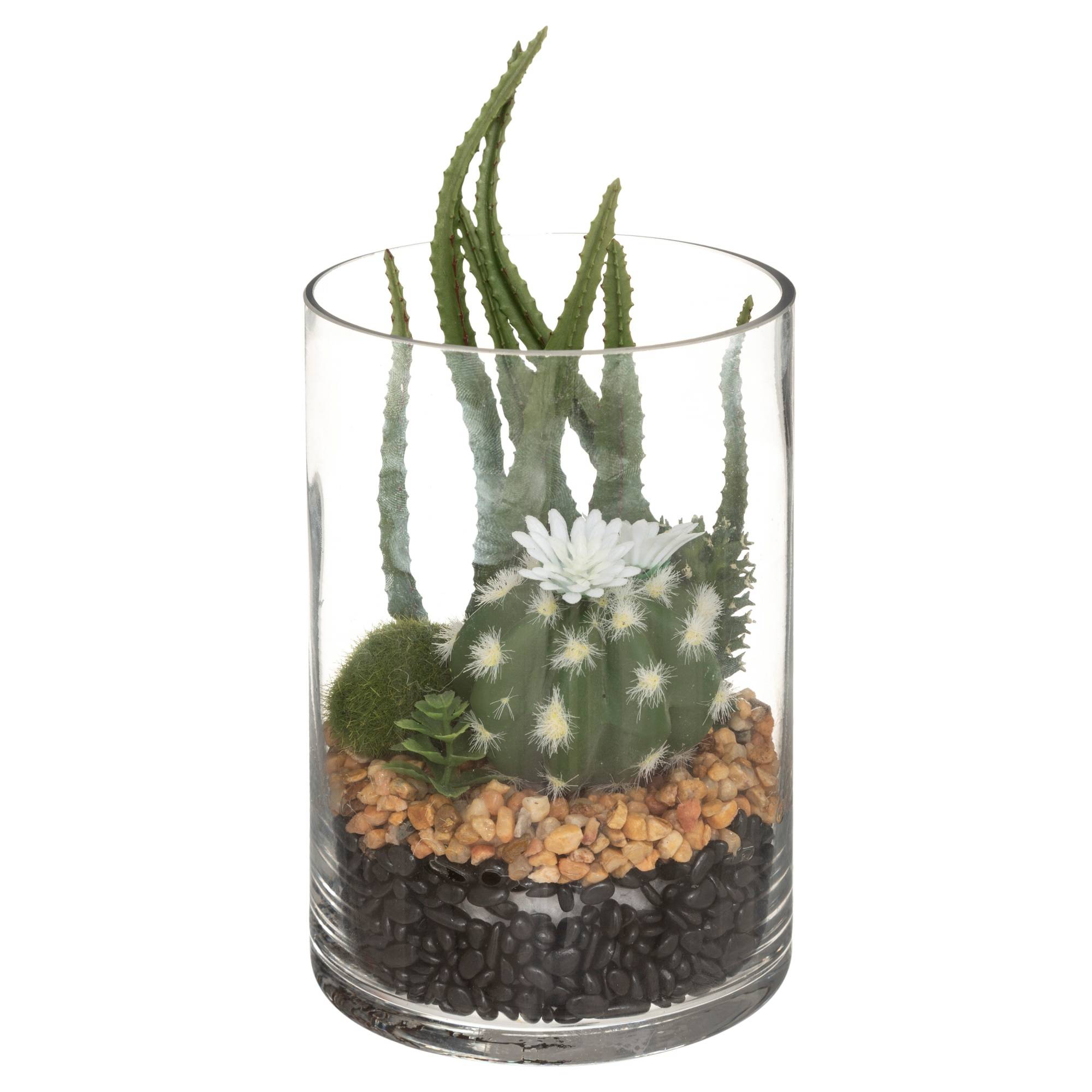Reverberation recipe Prime Minister Planta artificiala de cactus, decor in sticla, floare alba biały